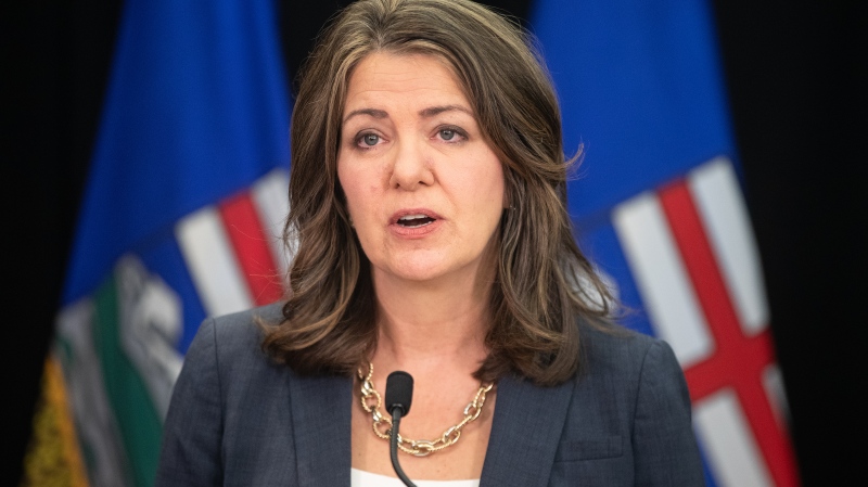 Alberta Premier Danielle Smith speaks in Edmonton on Wednesday April 10, 2024. THE CANADIAN PRESS/Jason Franson
