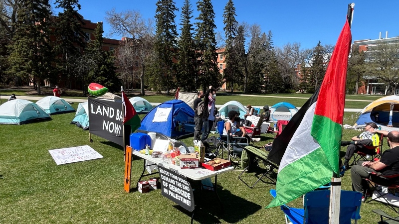 Students began forming a camp at the University of Alberta's north campus on May 9, 2024, protesting the war in Gaza. (Brandon Lynch / CTV News Edmonton) 