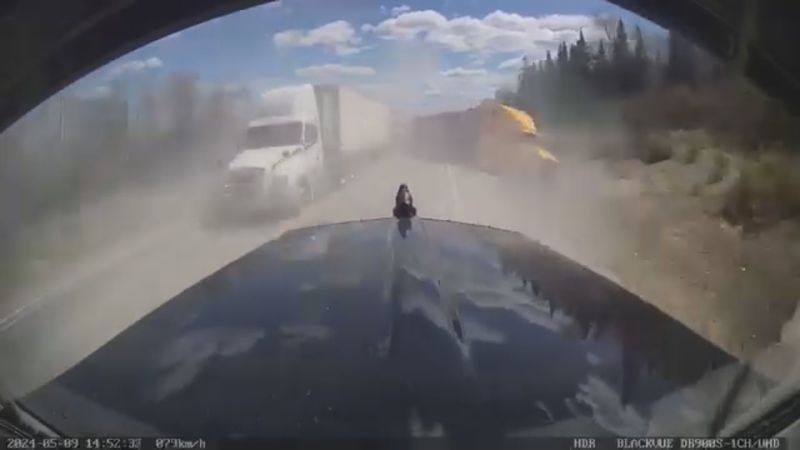 A northern Ont. commercial truck driver captured dashcam video of frightening near miss on Hwy. 11 near Matheson. May 9, 2024. (Skilled Truckers Canada)