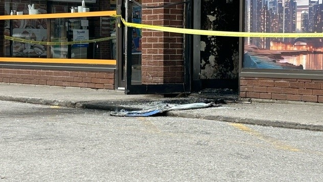 Damage from an overnight fire in the front area of North Vapes in Bradford, Ont., on Fri., May 10, 2024.(CTV News/Mike Lang)