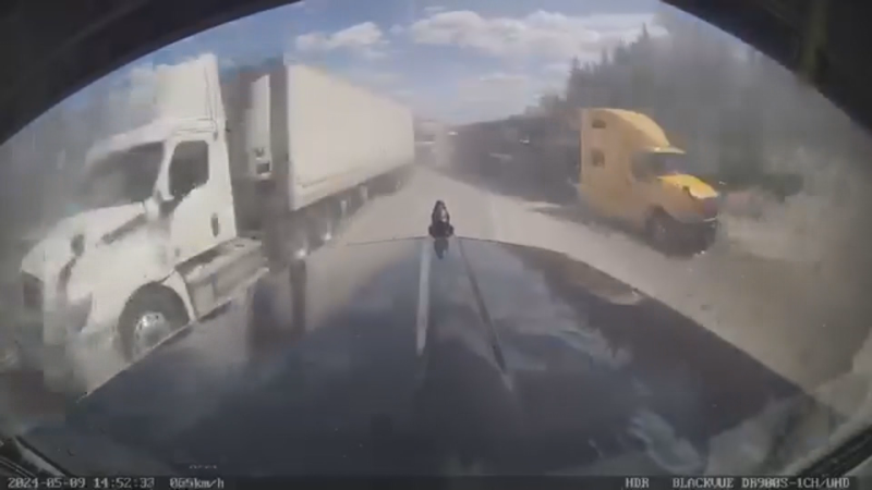 Frightening near-miss transport crash on Hwy. 11. May 10, 2024 (Skilled Truckers of Canada)