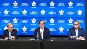 New Maple Leafs Sports & Entertainment president Keith Pelley, left, Maple Leafs president Brendan Shanahan, centre, and Maple Leafs general manager Brad Treliving speak to the media during a press conference in Toronto on Friday, May 10, 2024. THE CANADIAN PRESS/Nathan Denette
