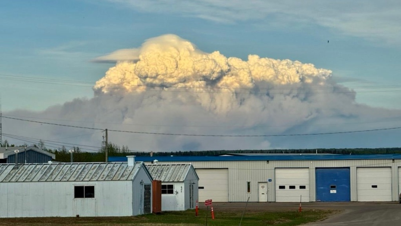 Smoke from a wildfire near Fort Nelson, B.C., is seen in this shared on social media on May 9, 2024. (Sonja Leverkus/X)