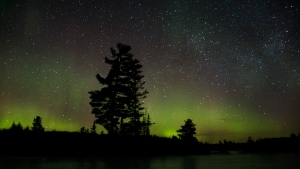 The northern lights make a rare appearance in Kawartha Lakes, Ont., on March 21, 2021. (Fred Thornhill / The Canadian Press) 