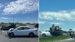 OPP officers are investigating the two-vehicle collision at the westbound Highway 401 Queens Line on-ramp in Chatham-Kent, Ont., on Friday, May 10, 2024. (Source: OPP) 