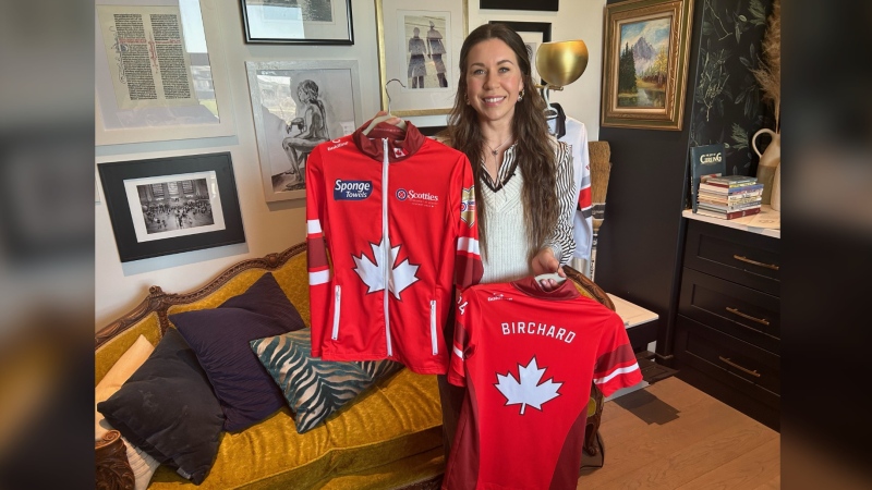 Stephanie Schmidt, a competitive curler from Regina, is also a designer who was hired to create apparel for tournaments. (Brit Dort / CTV News) 