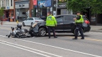 A motorcycle is damaged on the street after a crash in Kitchener on May 10, 2024. (CTV News/Dan Lauckner)