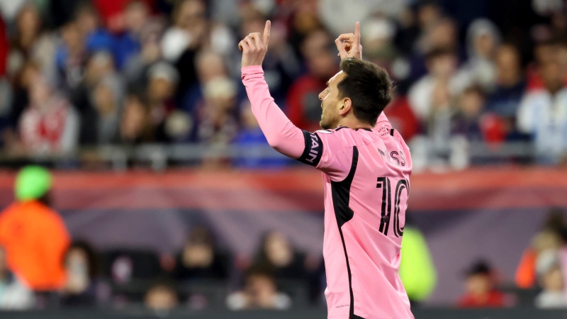 Inter Miami forward Lionel Messi reacts after scoring in the first half of an MLS soccer match against the New England Revolution, Saturday, April 27, 2024, in Foxborough, Mass. (Mark Stockwell, The Associated Press)