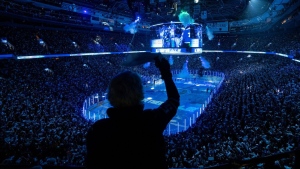 Fans cheer as players enter the ice ahead of a playoff game between the Vancouver Canucks and Edmonton Oilers at Rogers Arena on May 8, 2024. (THE CANADIAN PRESS/Ethan Cairns)