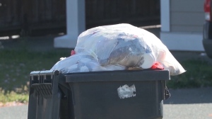 An unsecured garbage bins in seen in Langford’s Bear Mountain Community. 