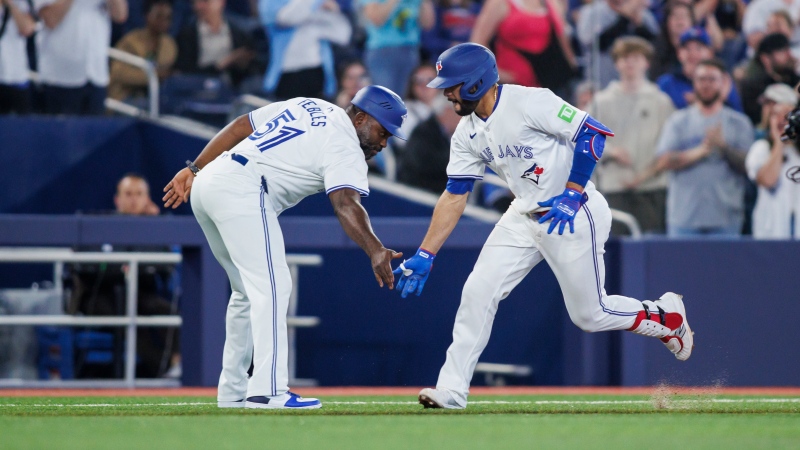 Toronto Blue Jays' Isiah Kiner-Falefa (7) rounds the bases after hitting a solo home run against the Minnesota Twins in the third inning of MLB baseball action in Toronto on Friday, May 10, 2024. THE CANADIAN PRESS/Cole Burston