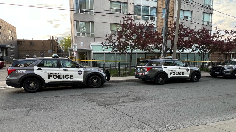 Police on scene where a woman died following a shooting that happened in Toronto on Saturday, May 11 2024. (Simon Sheehan / CP24)