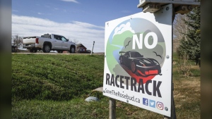 A sign is shown near Rosebud, Alta., northeast of Calgary, where landowners are fighting a proposed racetrack on Wednesday, May 8, 2024.THE CANADIAN PRESS/Jeff McIntosh
