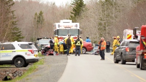 First responders work to free trapped driver of auto following crash with dump truck on Prospect Road in Kings County, N.S. (Courtesy: Bill Roberts) 