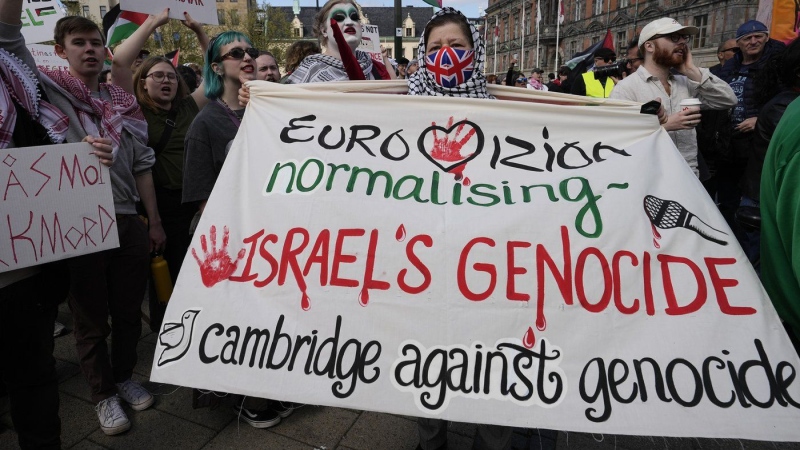 Pro-Palestinian demonstrators at Eurovision protest against Israel's participation in the 2024 event. (Martin Meissner/AP Photo)