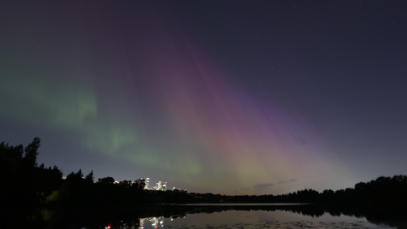 The northern lights are seen over Deer Lake Park in Burnaby on Saturday, May 11, 2024. (Leanne Ellis)