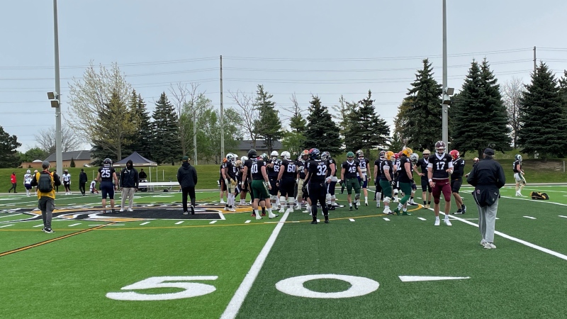 Football players at the East-West Bowl at the University of Waterloo on May 11, 2024. (Hannah Schmidt/CTV Kitchener)
