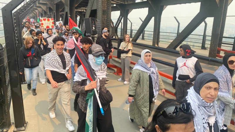 Hundreds of pro-Palestinian protesters marched across the High Level Bridge toward the University of Alberta, where a student encampment had been removed by police on May 11, 2024. (Galen McDougall/CTV News Edmonton)