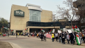 Pro-Palestinian demonstrators descend on the University of Alberta campus, where a camp of protesters had been removed earlier on the morning of May 11, 2024. (Galen McDougall/CTV News Edmonton)