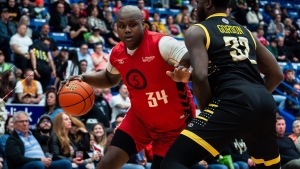 The Sudbury Five lead 47-46 over the London Lightning at halftime of Game 4 of the Basketball Super League semi-final series on May 10, 2024. (Sudbury Five/Facebook)