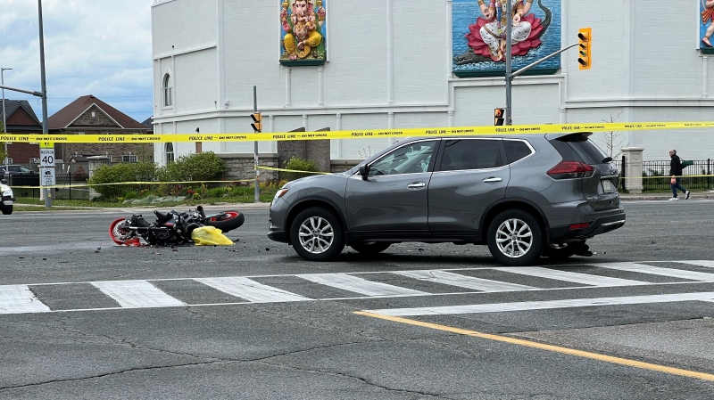 Police are investigating a collision between a motorcycle and an SUV in Brampton on Saturday, May 11, 2024. (Simon Sheehan/CP24)
