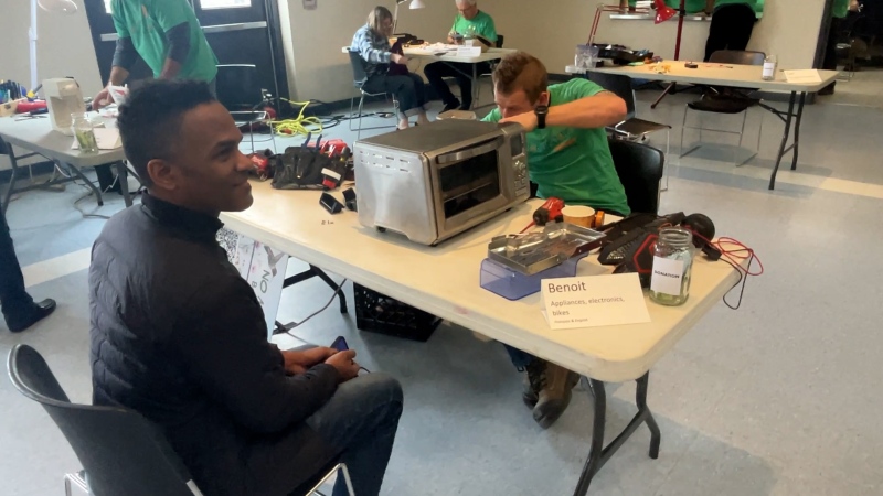 Caption: Kirt McIntyre is hoping to bring his toaster oven back to life at Ottawa’s Repair Cafe on Saturday, May 11, 2024 (Katelyn Wilson/CTV News.) 