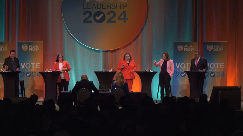 NDP leadership candidates at a debate in Calgary on May 11, 2024. (Tyler Barrow/CTV News Calgary)