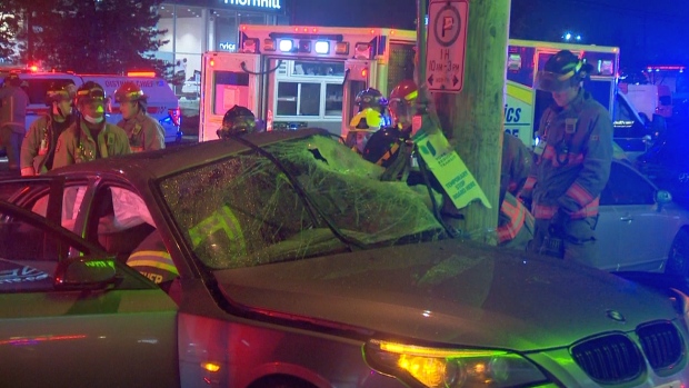Toronto Fire crews on the scene of a collision where a man struck a parked car and hydro pole on May 11, 2024. (David Ritchie / CP24)