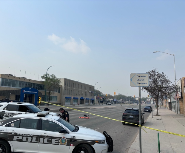 A stretch of Portage Avenue was closed to traffic on Sunday, May 12, 2024 while police investigated a homicide in the area. (Source: Daniel Halmarson/CTV News)