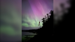A viewer submitted photo of the northern lights over McGregor Bay on Whitefish River First Nation. May 11, 2024. (Supplied/Evelyn Diebel)