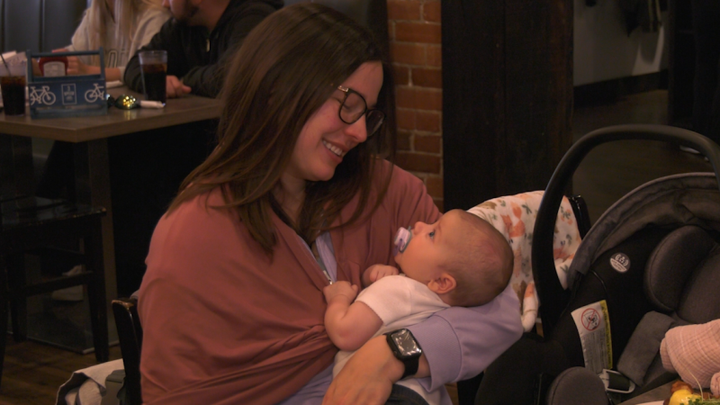 Sarah Morgan celebrates her first Mother's Day with her two-and-a-half month old daughter Olivia at Dunlop Street Diner in Barrie, Ont on May 12, 2024 (CTV News/ Mike Lang). 