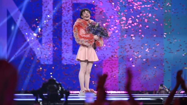 Nemo, representing Switzerland, with the song 'The Code,' wins the final of the 68th edition of the Eurovision Song Contest. (Jessica Gow/TT News Agency via AP)