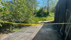 Police tape is seen in the Hinge Park area in Vancouver on Sunday, May 12. (CTV News/Pete Cline) 