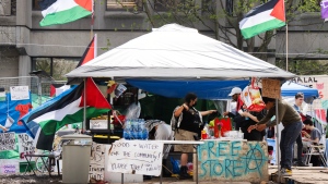 A tent with free supplies is seen at the pro-Palestinian encampment on McGill University campus Monday, May 6, 2024 in Montreal. (THE CANADIAN PRESS/Ryan Remiorz)