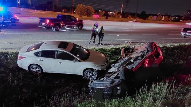 Four people were injured, two seriously, after a crash on Highway 403 in Mississauga. (X/ @OPP_HSD)