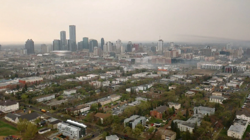 Smoke hangs over Edmonton in this May 13, 2024, picture taken from north of downtown. (Cam Wiebe / CTV News Edmonton) 