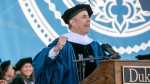 In this photo provided by Duke University, commencement speaker Jerry Seinfeld speaks during the school's graduation ceremony, Sunday, May 12, 2024, in Durham, N.C. A tiny contingent of graduates opposed the pro-Israel comedian speaking at their commencement Sunday, with about 30 of the 7,000 students leaving their seats and chanting “Free Palestine!” amid a mix of boos and cheers. (Bill Snead/Duke University via AP)