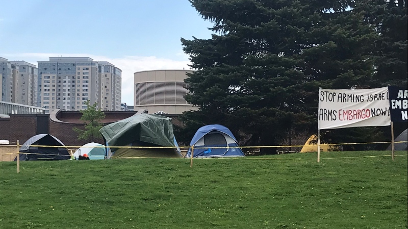 A group of University of Waterloo students have established an encampment on campus to protest the war in Gaza on May 13. 2024. (Chris Thomson/CTV News)