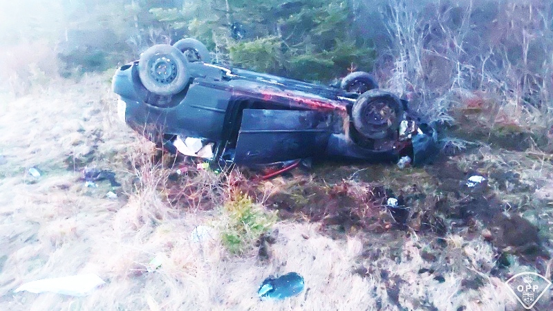 A vehicle travelling on Highway 11 early in the morning last weekend rolled over in the ditch just west of Smooth Rock Falls. (OPP photo)