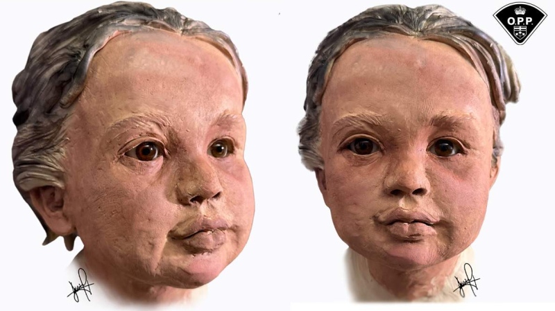 Ontario Provincial Police (OPP) have released a three-dimensional (3D) facial approximation and new unsolved video in the hopes of identifying a child whose remains were discovered by two people fishing on a boat on May 17, 2022 along the Grand River in Dunnville. (OPP)