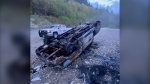 This photo, provided by the Mission RCMP, shows one of three burned-out vehicles found in the backcountry. 