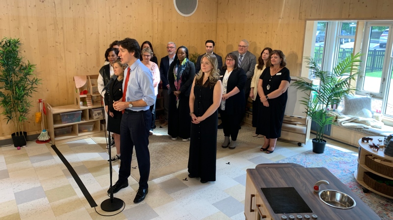 Prime Minister Justin Trudeau is joined by federal ministers and local MPs in speaking to the media at the YMCA Station View Child Care Centre in St. Thomas, Ont. on May 13, 2024. (Bryan Bicknell/CTV News London)