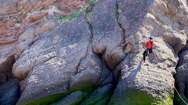A person scales the Hopewell Rocks in Hopewell Cape, N.B. (Alana Pickrell/CTV Atlantic)