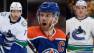 From left to right Canucks' Carson Soucy, Oilers' Connor McDavid, Nikita Zadorov are seen in these photos taken during the 2024 NHL playoffs. (The Canadian Press)