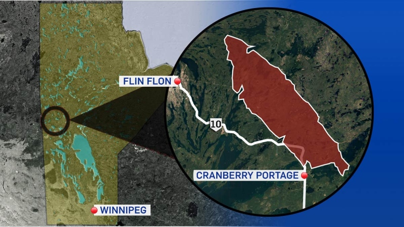 A map showing where the wildfire near Cranberry Portage is as of May 13, 2024. (CTV News Winnipeg)