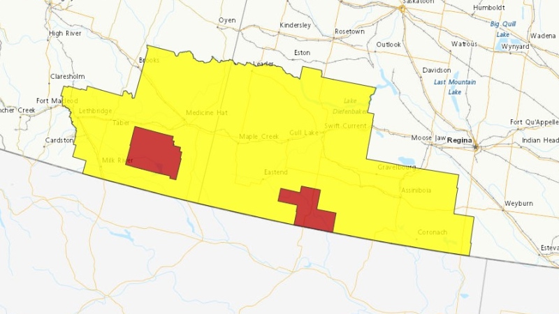 Residents of the Val Marie area in southwest Saskatchewan have received one of the first severe thunderstorm warnings in the province of 2024. (Source: ECCC)