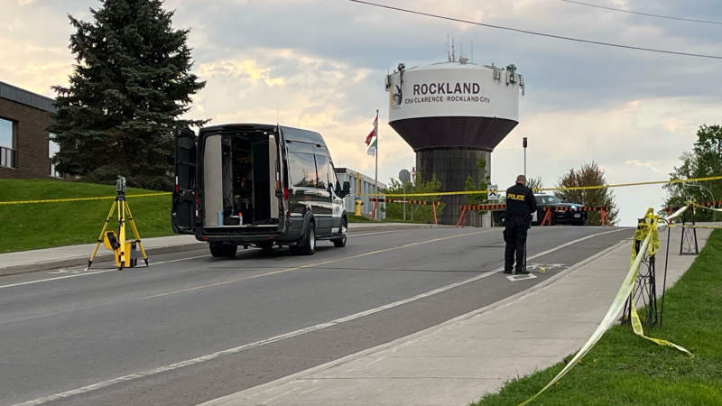 Ontario Provincial Police responded to a collision involving a child and a school bus on St. Joseph Street in Rockland, Ont. around 3:30 p.m. Monday, May 13, 2024. (Shaun Vardon/CTV News Ottawa)