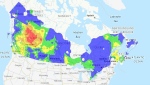 This map shows the wildfire danger in western Canada on May 14, 2024. Areas in blue are low risk, green is moderate, yellow is high, brown is very high and red is extreme. (SOURCE: Natural Resources Canada)