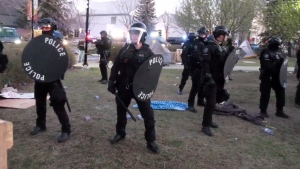 Calgary police officers were called in to help break up a pro-Palestinian protest at the University of Calgary on May 9, 2024.