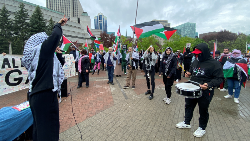 A large crowd gathered at Ottawa City Hall on Tuesday to protest the City of Ottawa's decision to raise the Israeli flag and hold a private ceremony to mark Israel's Independence Day. (Leah Larocque/CTV News Ottawa)